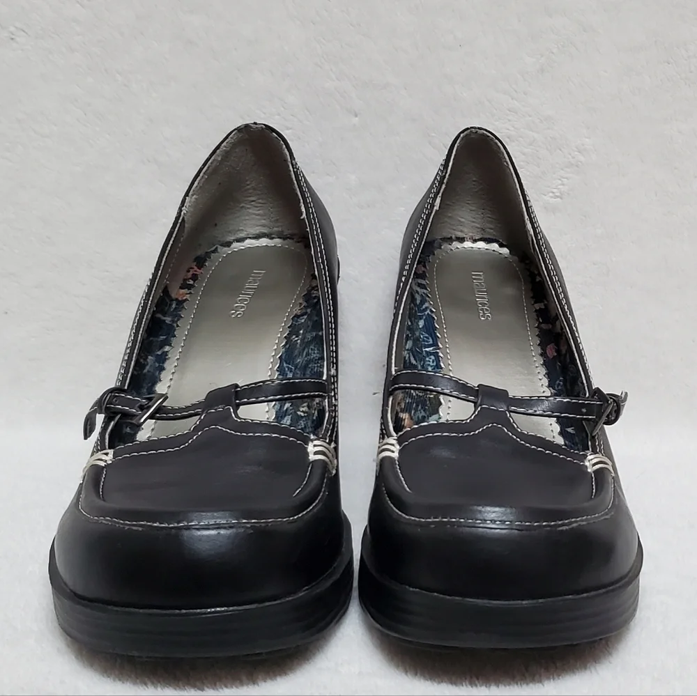 VINTAGE 90s Maurices Black Vegan Leather Platform Chunky Heel Maryjane Shoes 10